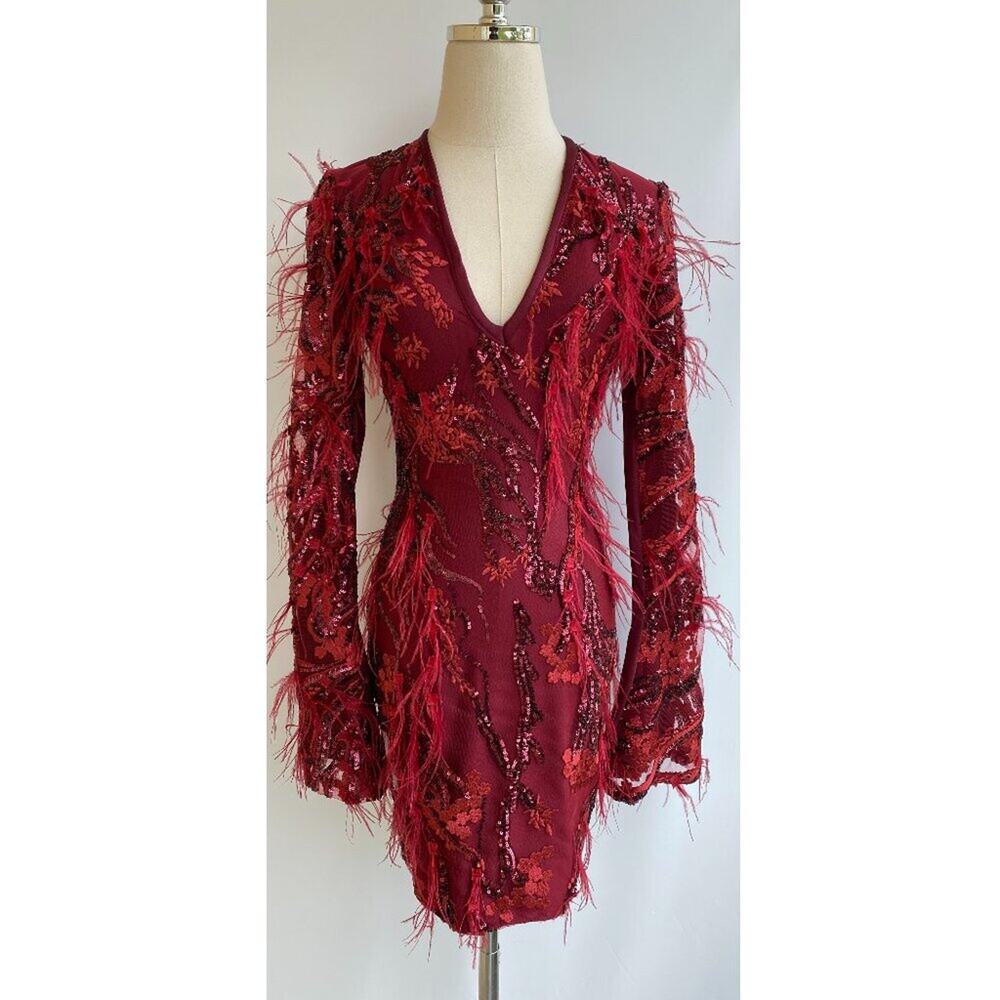 Dach Boutique Merlot Red Sequin Feather Dress sz S
